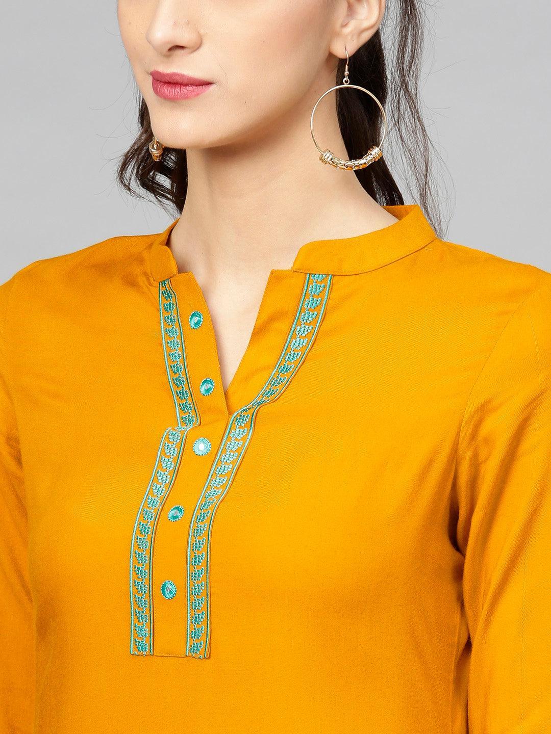 Yellow Embroidered Rayon Kurta