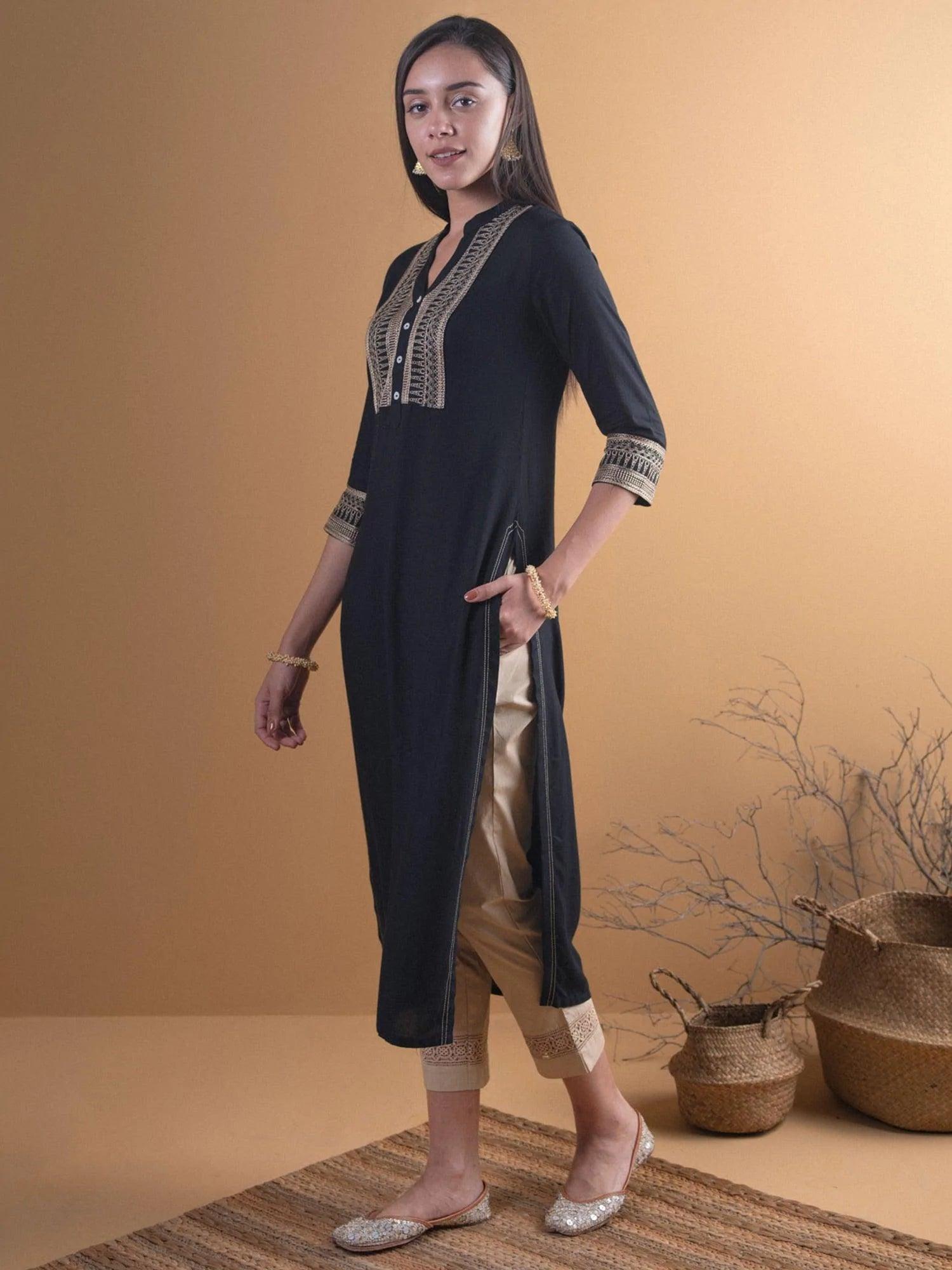 Black Embroidered Rayon Kurta