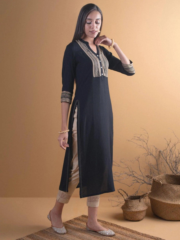 Black Embroidered Rayon Kurta - ShopLibas