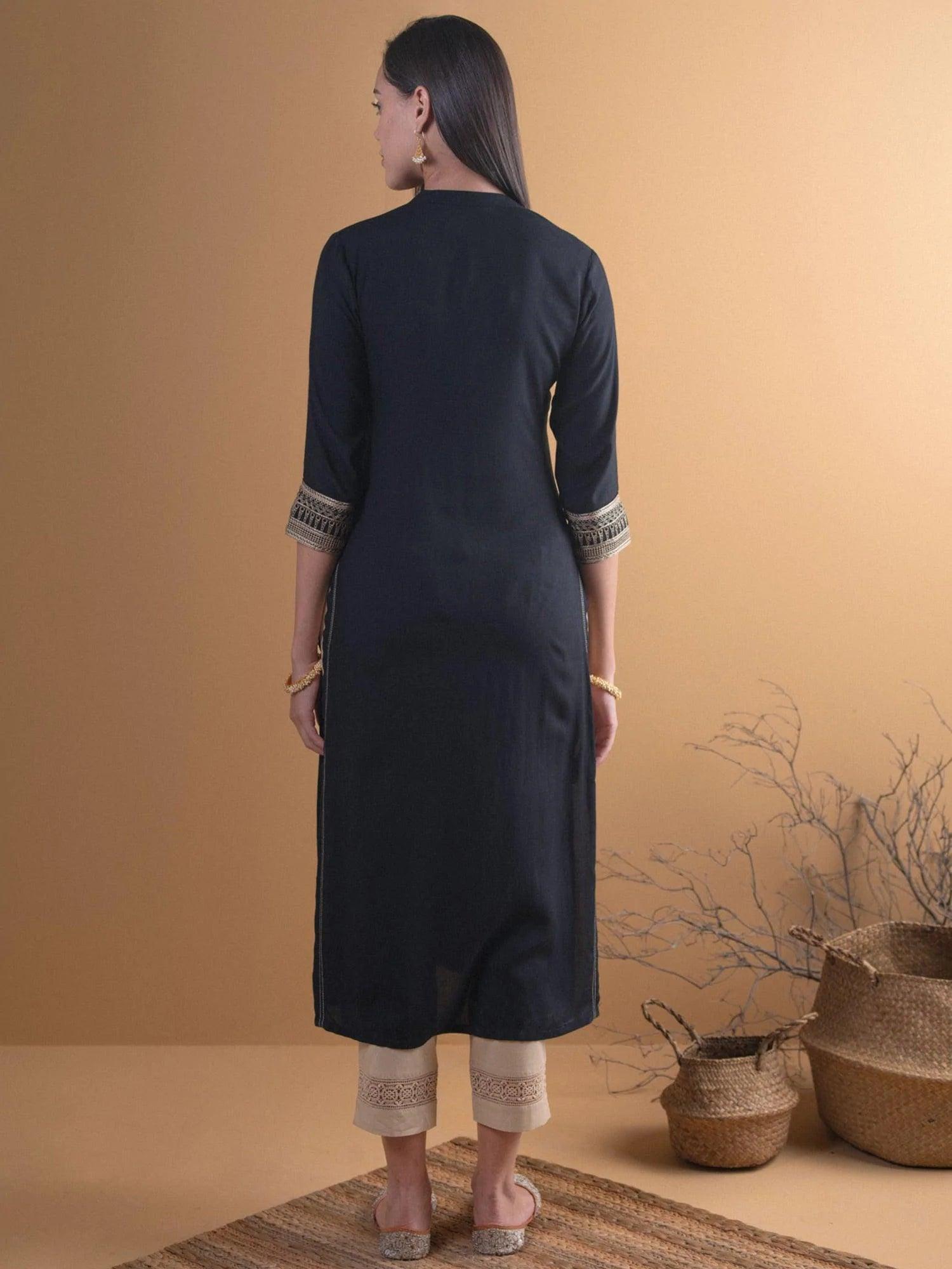 Black Embroidered Rayon Kurta