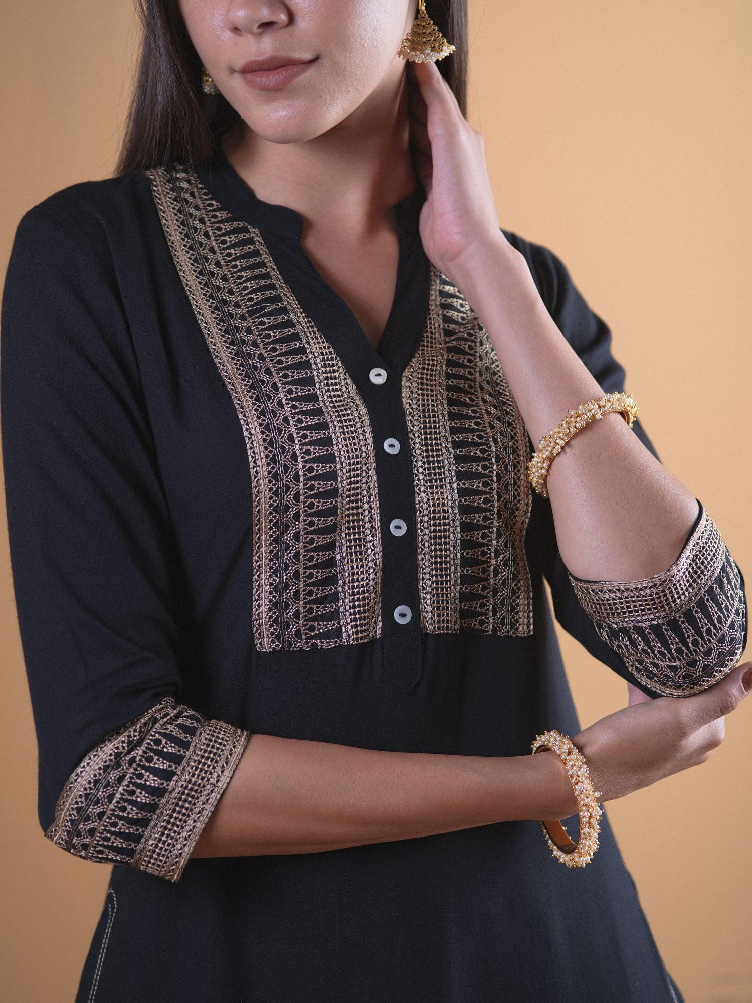 Black Embroidered Rayon Kurta