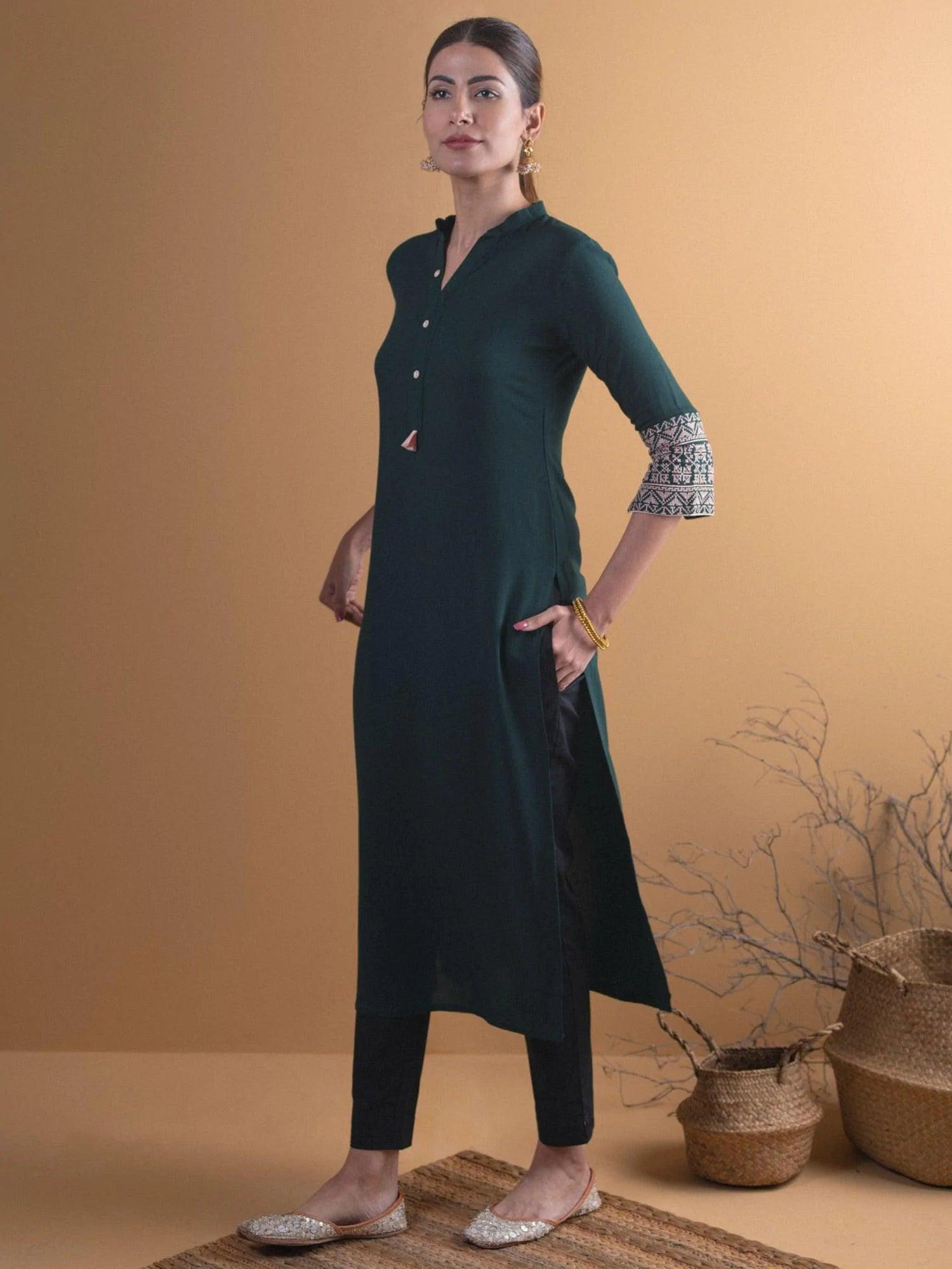 Green Solid Rayon Kurta