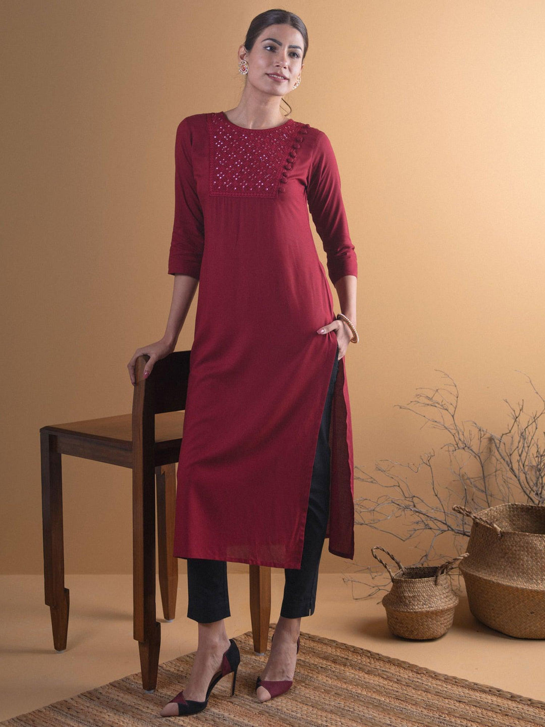 Maroon Yoke Design Rayon Kurta - Libas