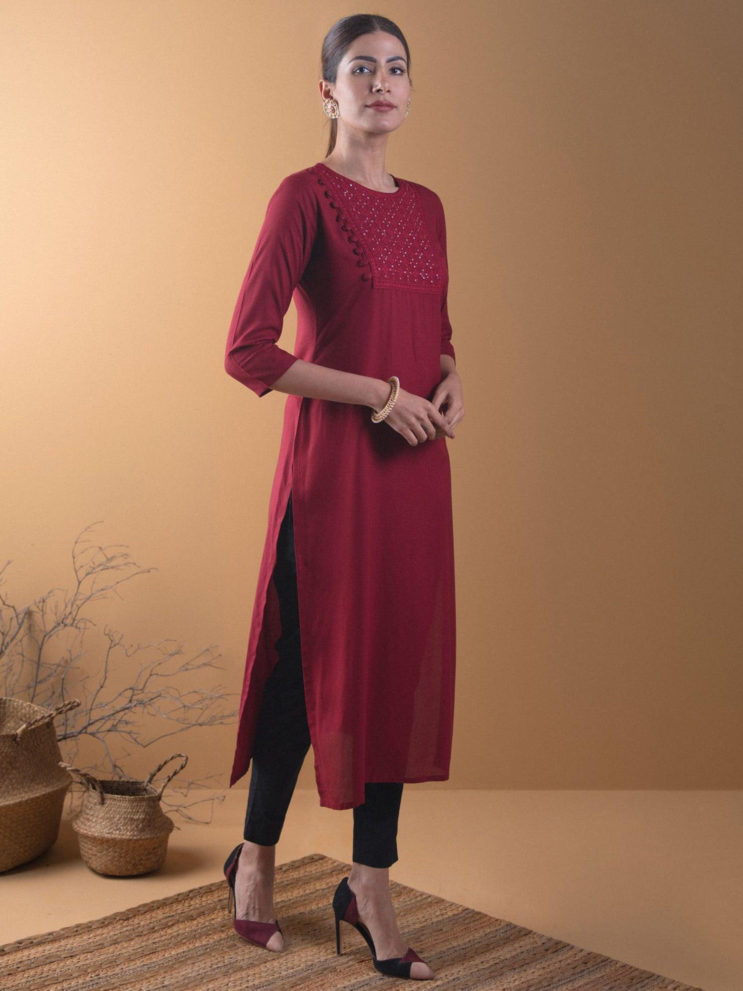 Maroon Yoke Design Rayon Kurta