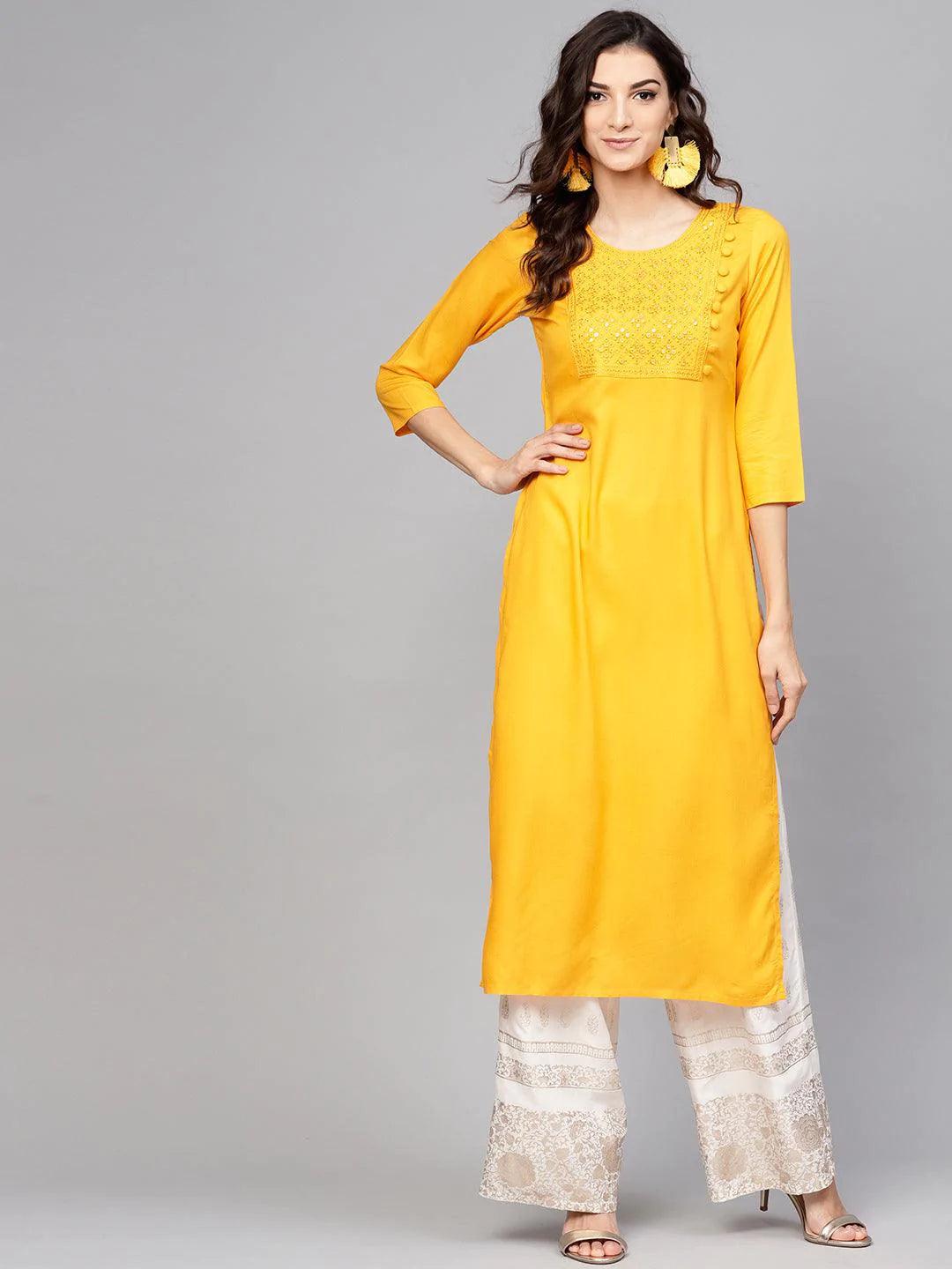 Yellow Embroidered Rayon Kurta