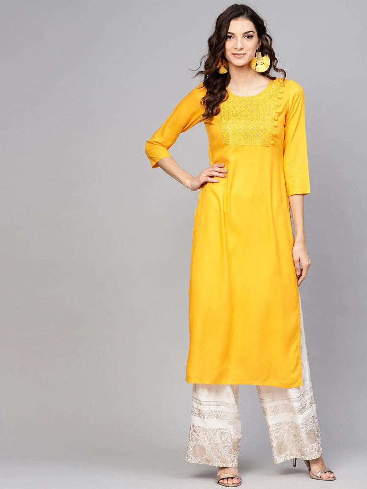 Yellow Embroidered Rayon Kurta - ShopLibas