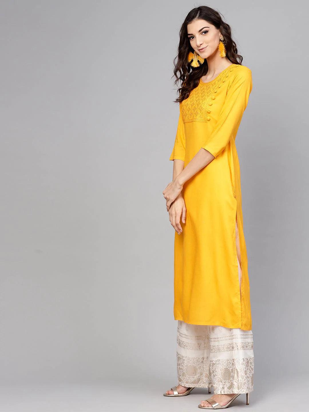 Yellow Embroidered Rayon Kurta