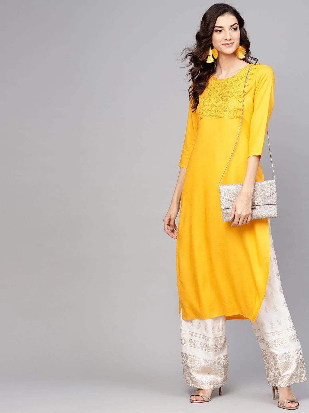 Yellow Embroidered Rayon Kurta