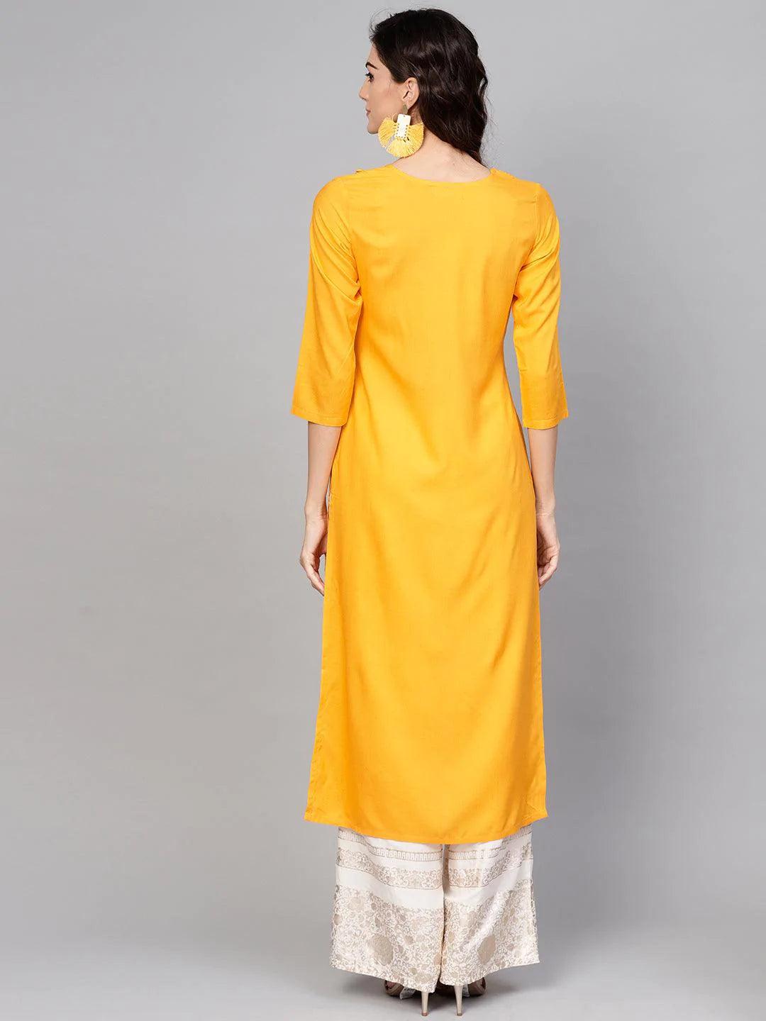 Yellow Embroidered Rayon Kurta