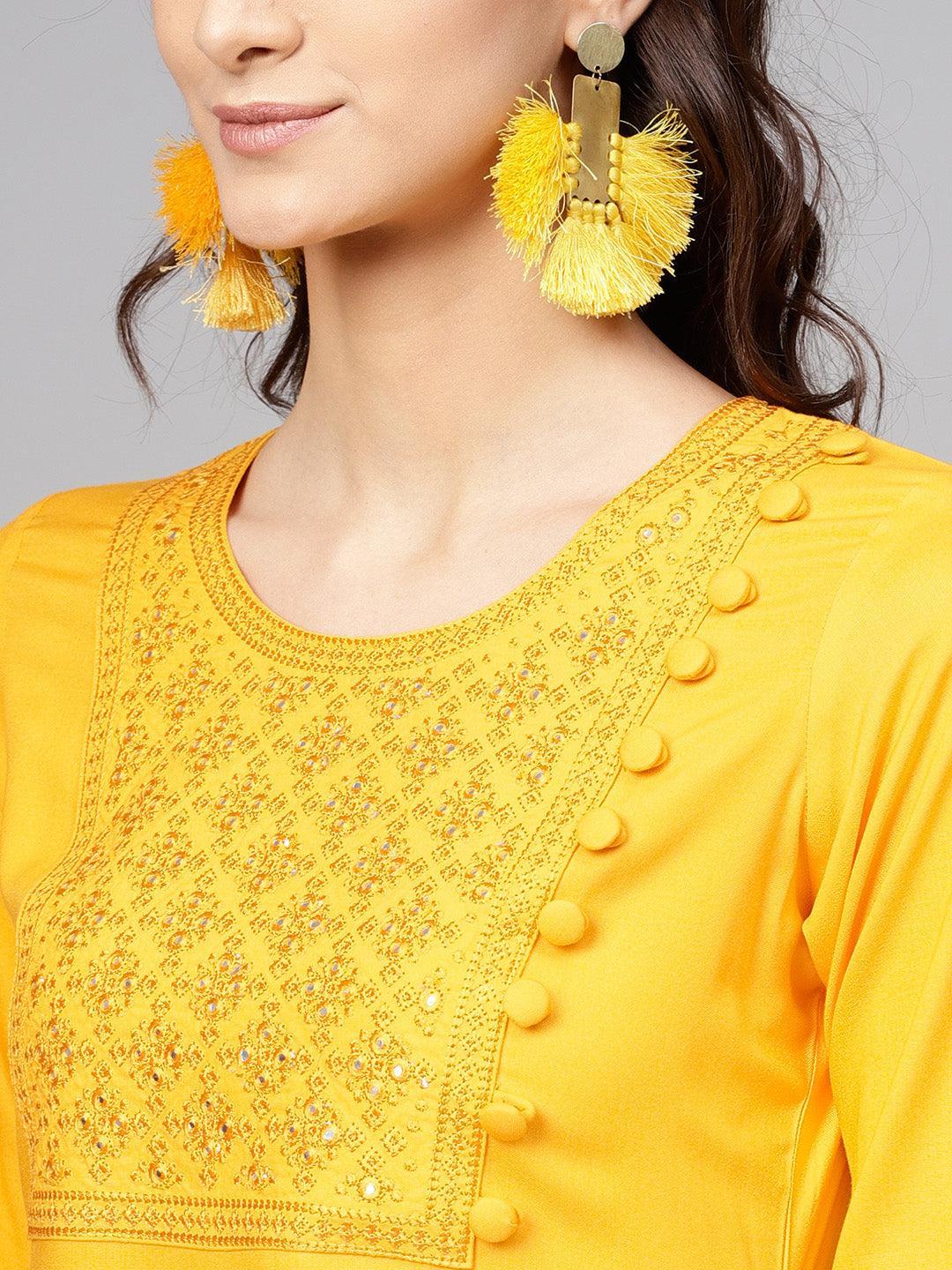 Yellow Embroidered Rayon Kurta