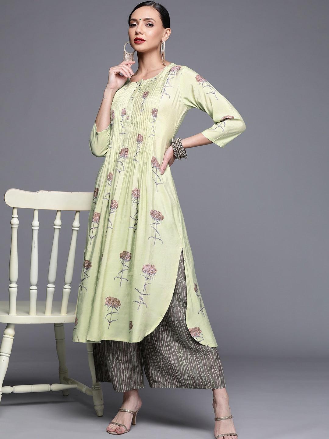 Green Printed Chanderi Silk Kurta - ShopLibas