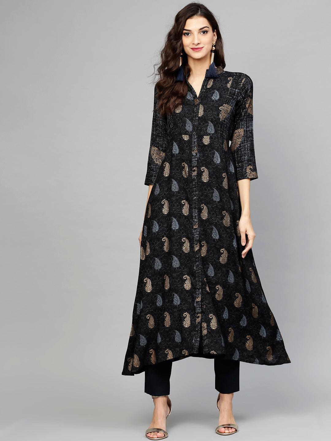 Black Printed Rayon Kurta