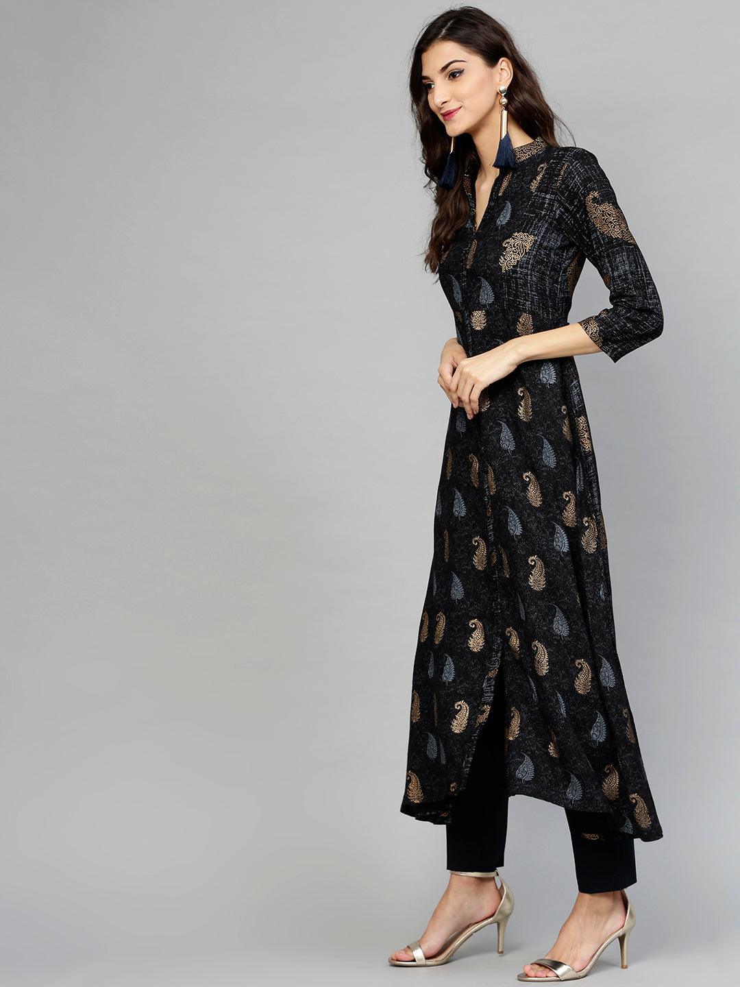 Black Printed Rayon Kurta