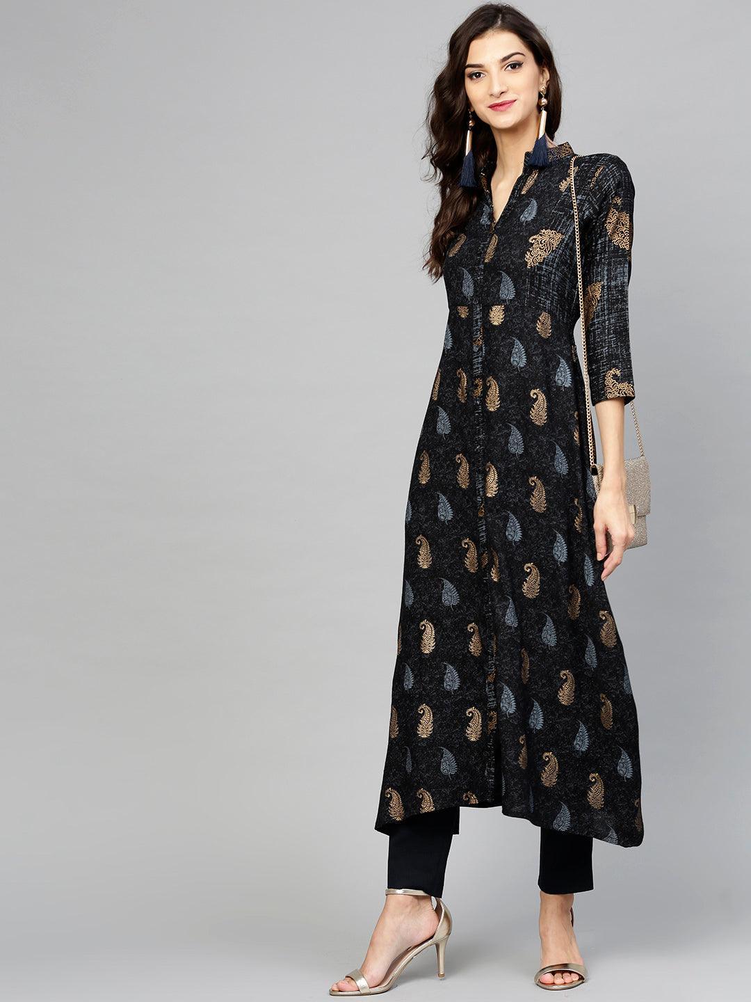 Black Printed Rayon Kurta