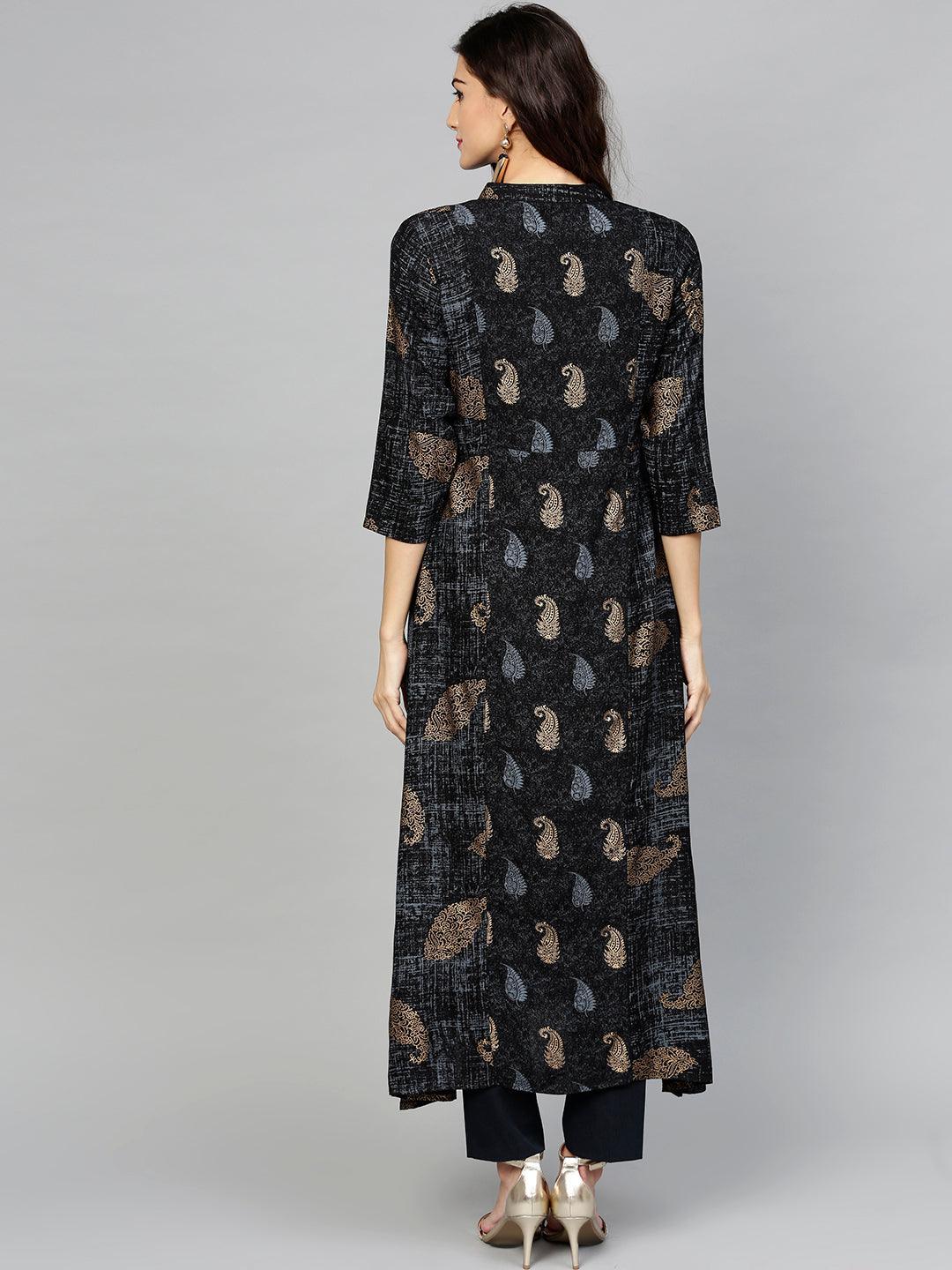 Black Printed Rayon Kurta