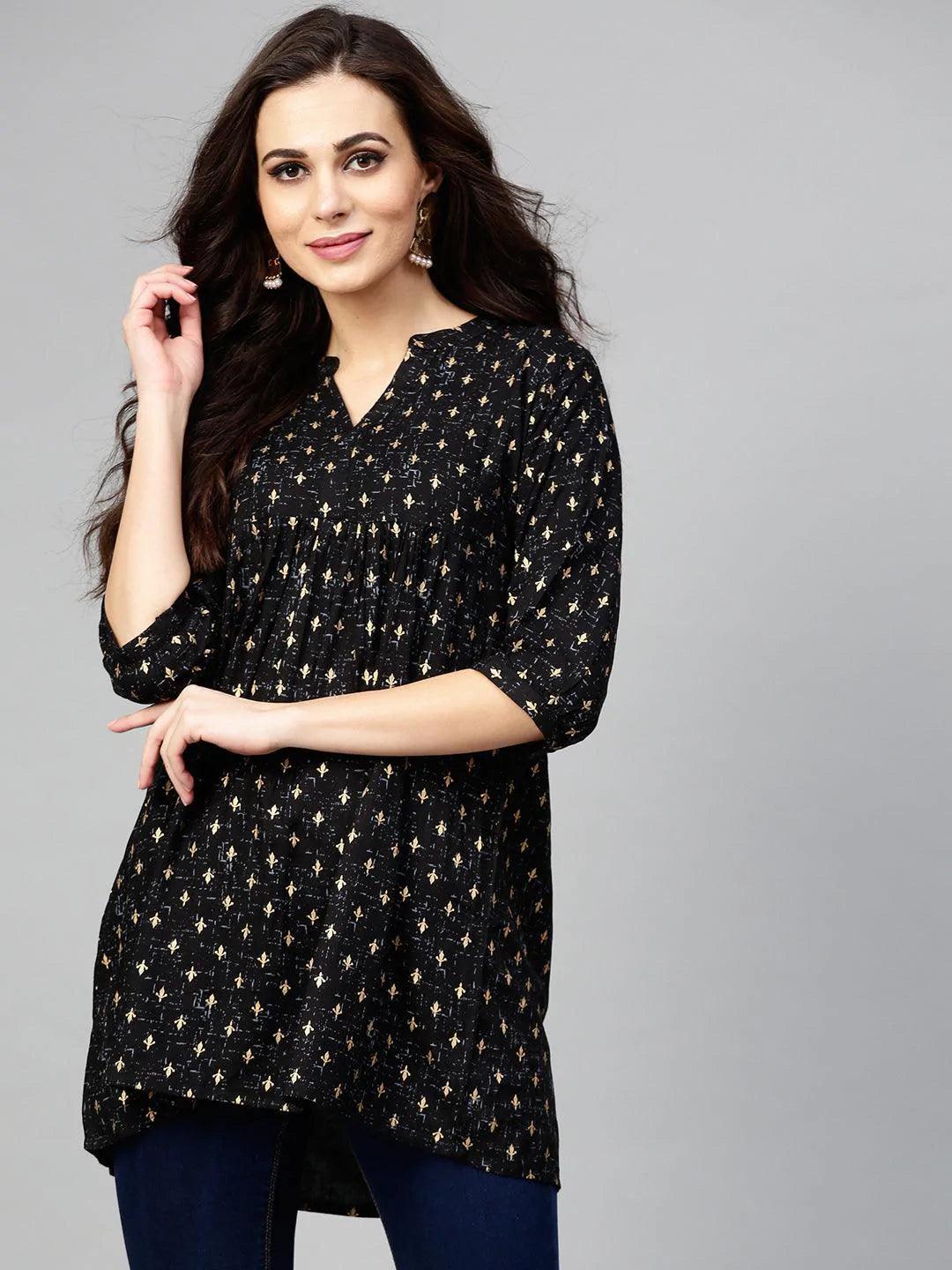 Black Printed Rayon Kurti - ShopLibas