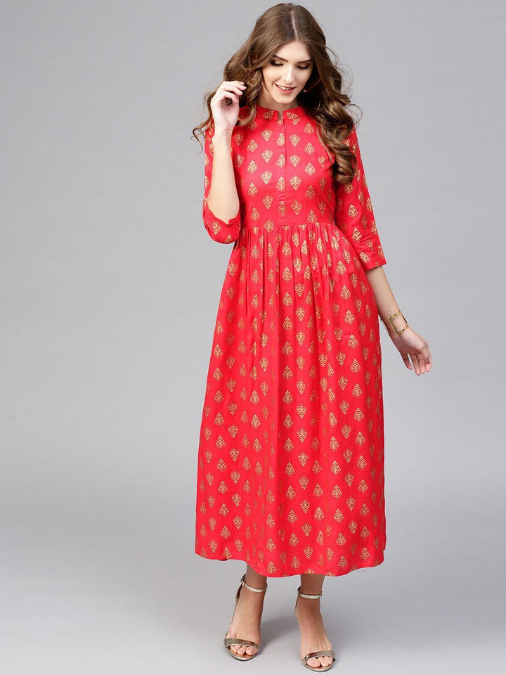 Red Printed Rayon Dress - ShopLibas