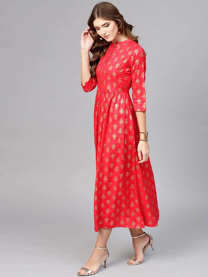 Red Printed Rayon Dress - ShopLibas