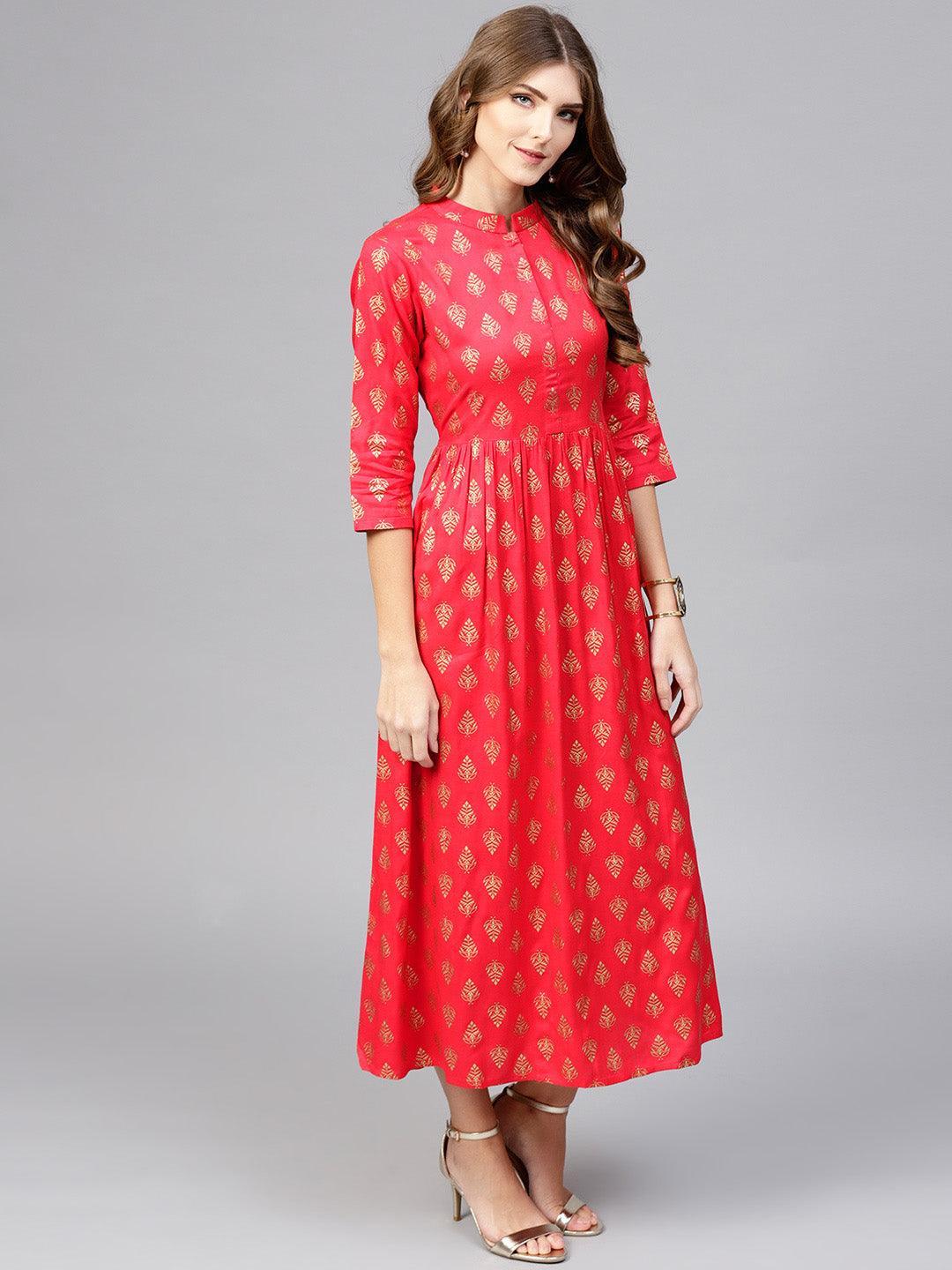 Red Printed Rayon Dress - ShopLibas