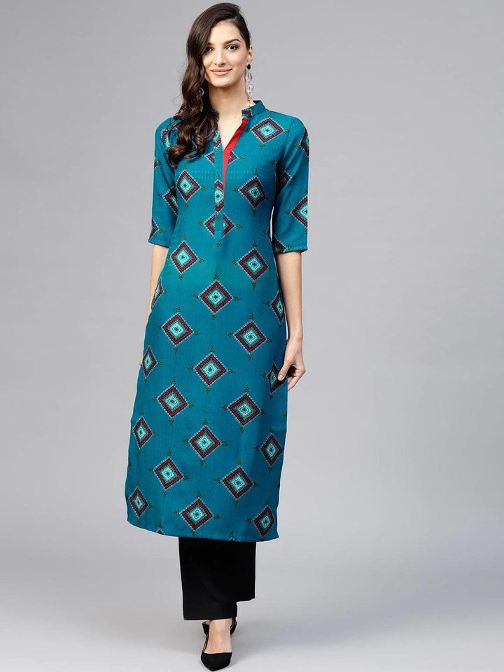 Blue Printed Polyester Kurta - ShopLibas