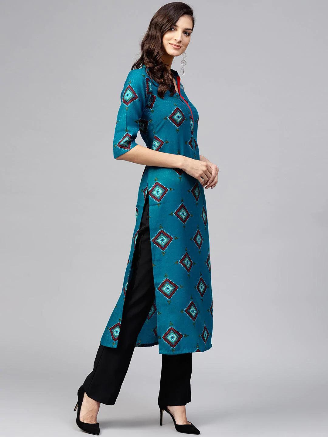 Blue Printed Polyester Kurta - ShopLibas