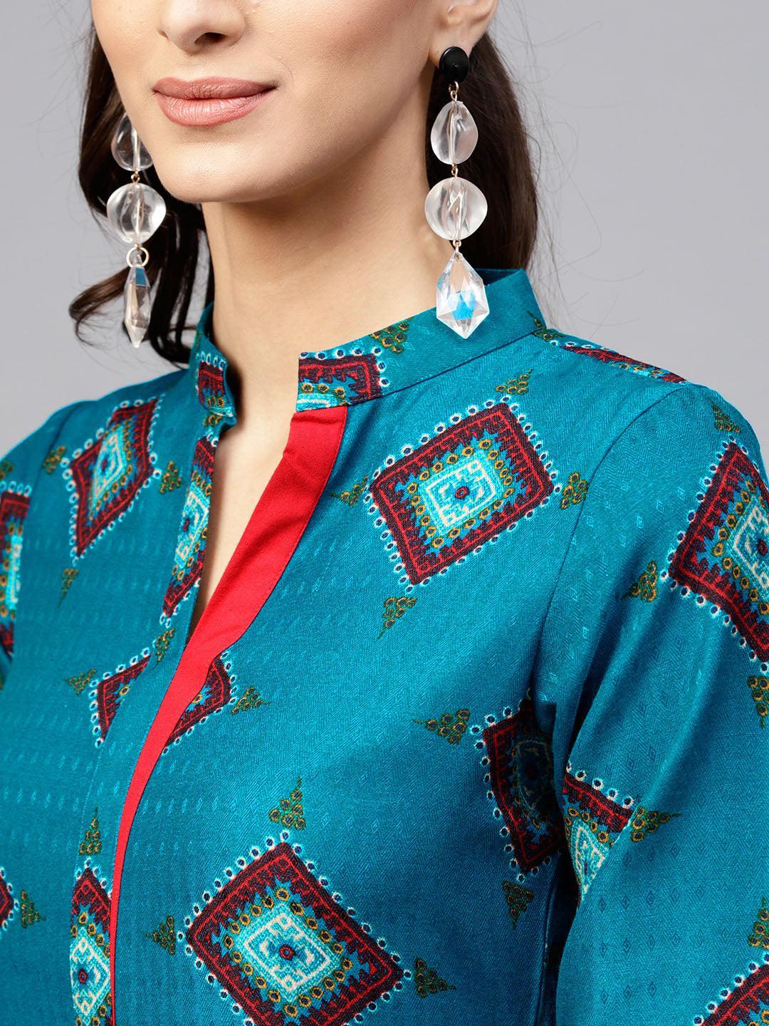 Blue Printed Polyester Kurta - ShopLibas