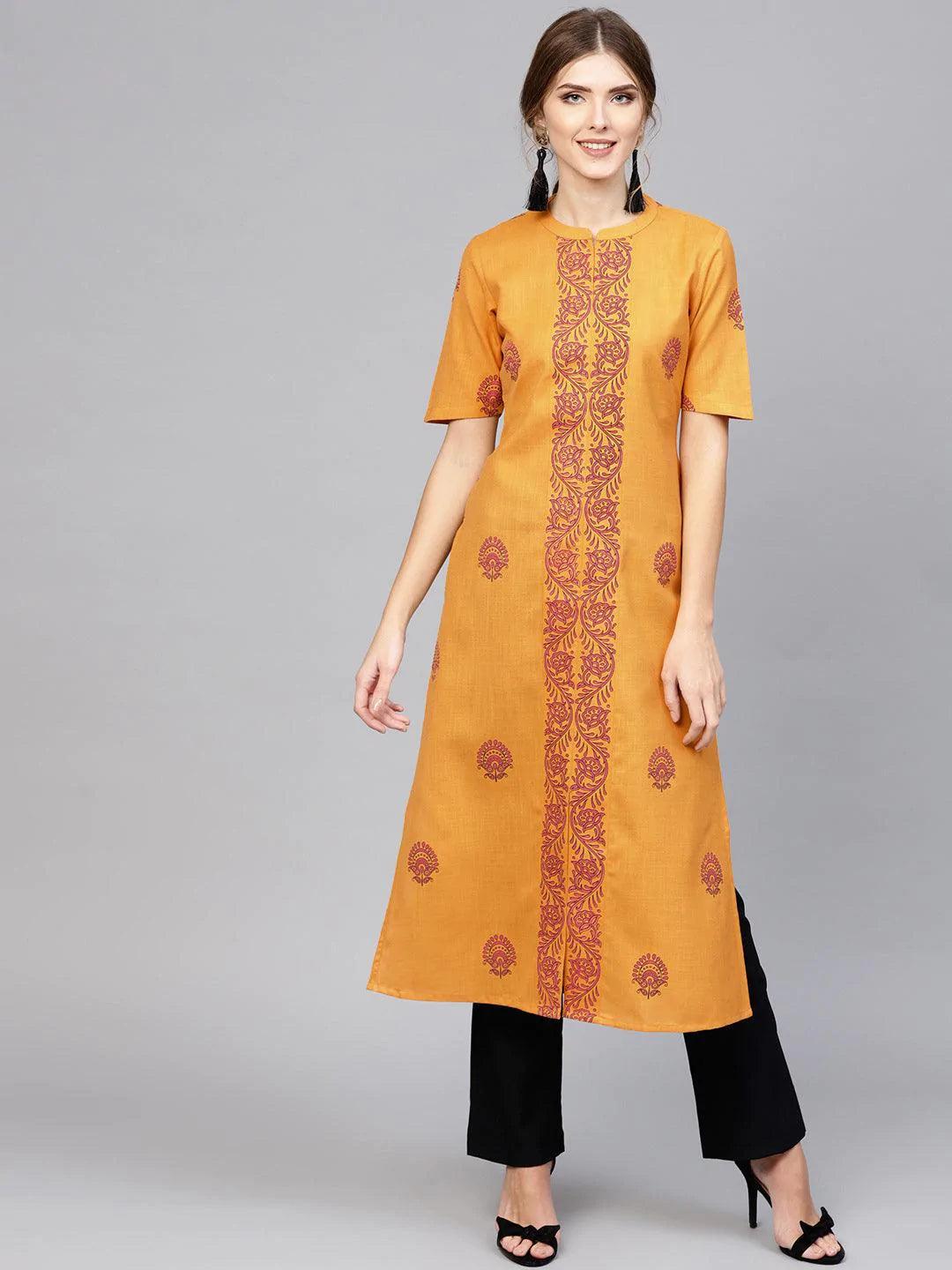 Yellow Printed Cotton Kurta - ShopLibas