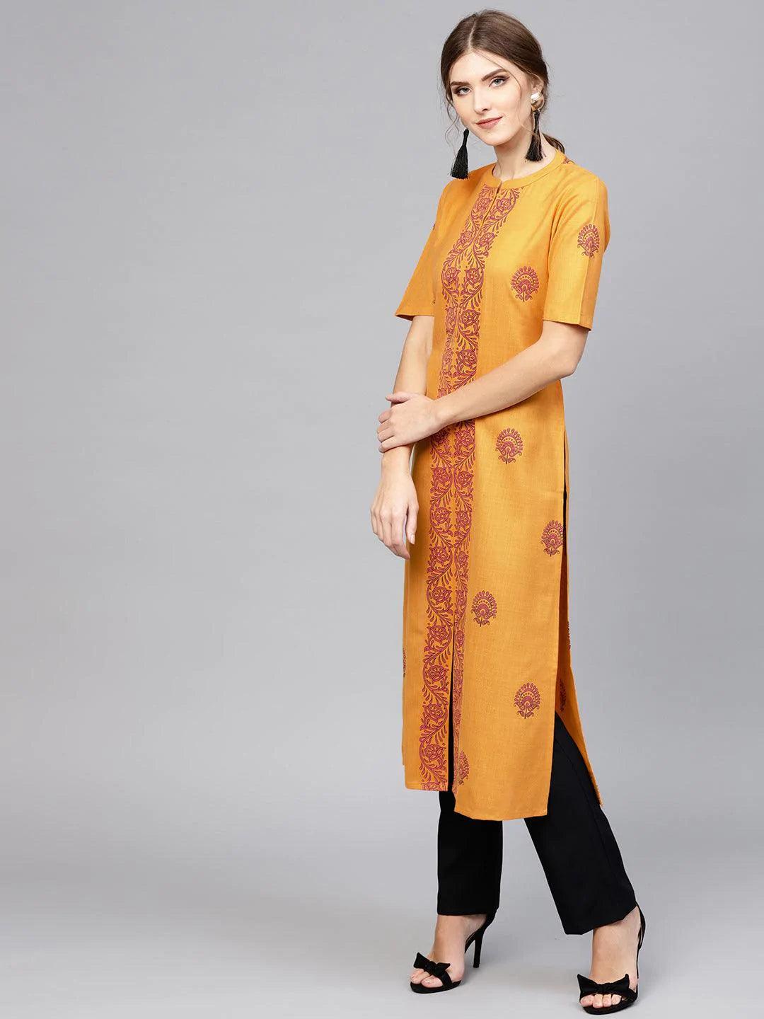 Yellow Printed Cotton Kurta - ShopLibas