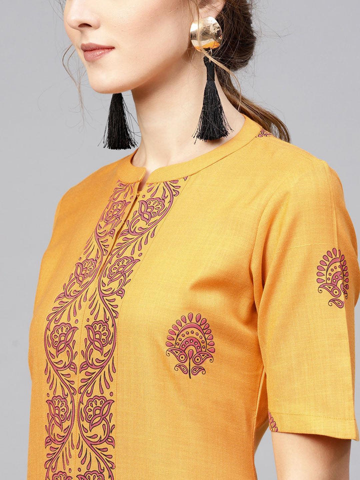 Yellow Printed Cotton Kurta - ShopLibas