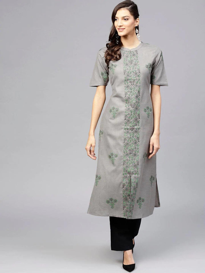 Grey Printed Cotton Kurta - ShopLibas