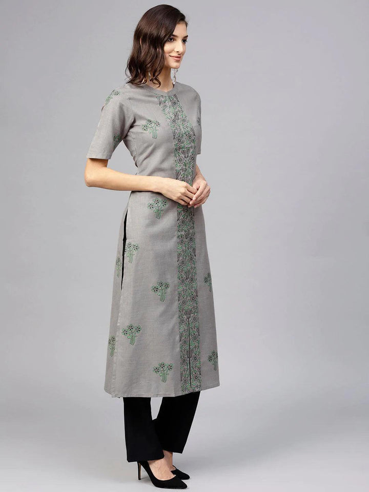 Grey Printed Cotton Kurta - ShopLibas