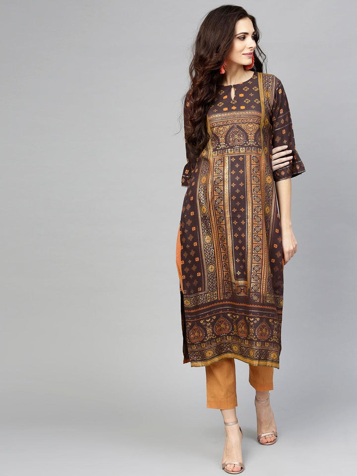 Brown Printed Rayon Kurta - ShopLibas