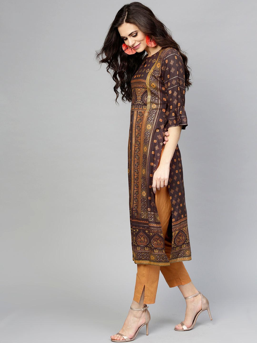 Brown Printed Rayon Kurta - ShopLibas