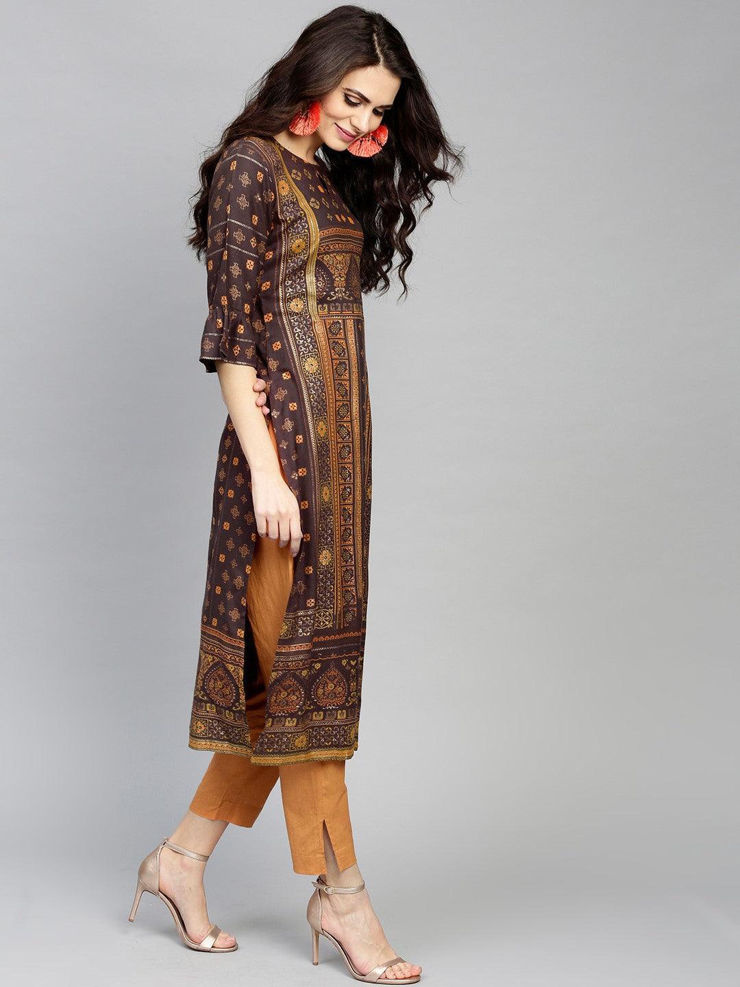 Brown Printed Rayon Kurta - ShopLibas