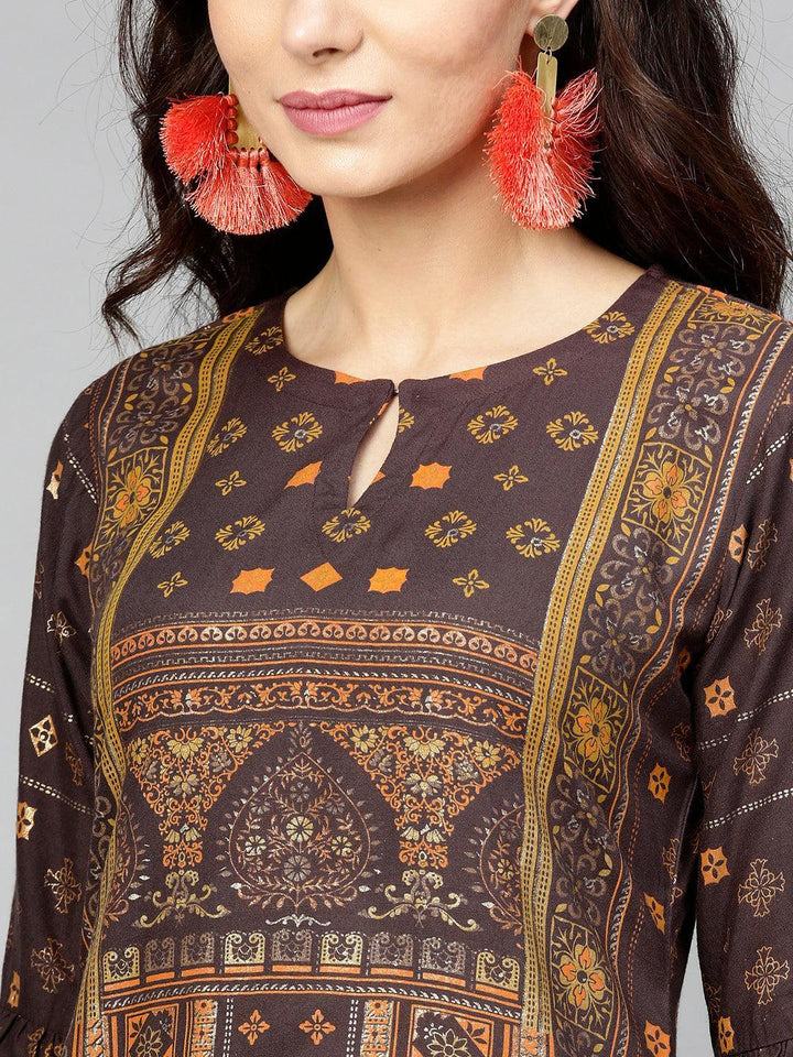 Brown Printed Rayon Kurta - ShopLibas