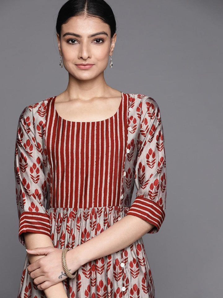 Maroon Printed Silk Dress - ShopLibas