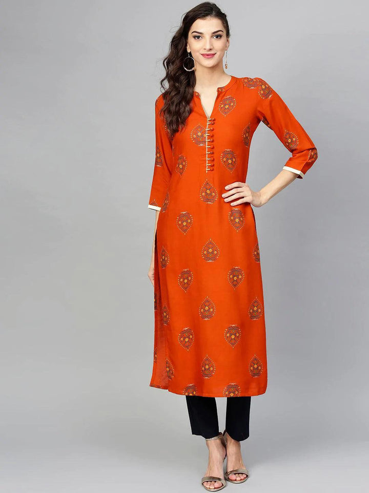 Orange Printed Rayon Kurta - ShopLibas