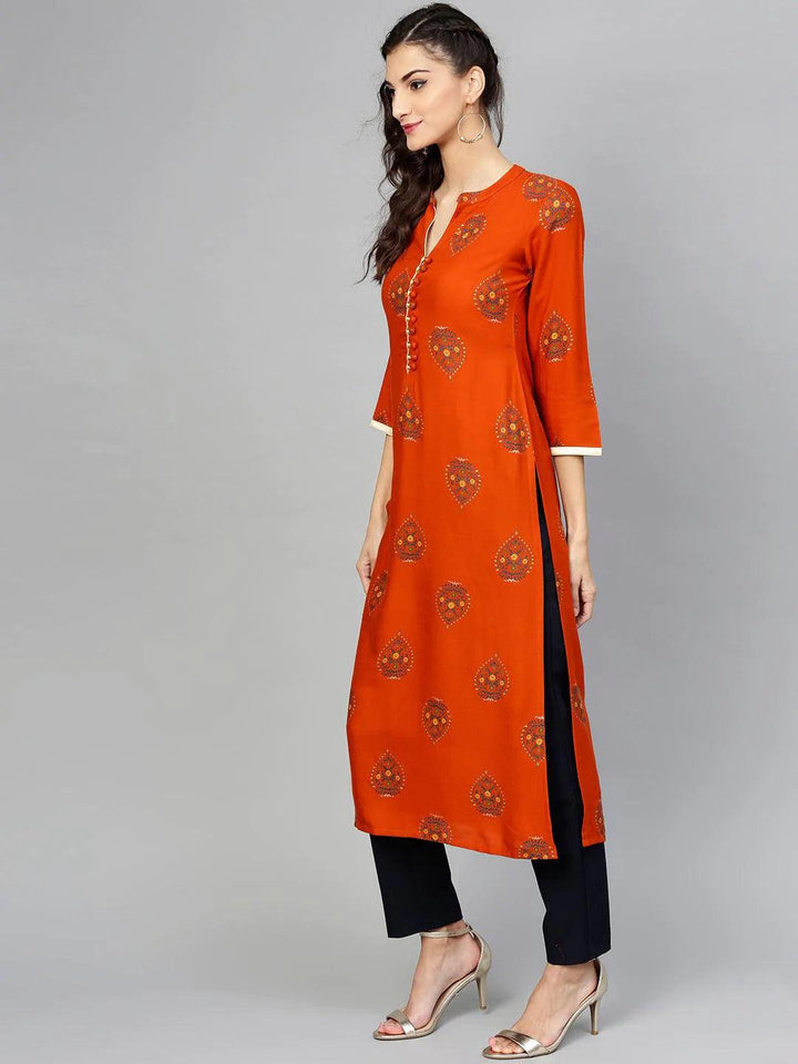 Orange Printed Rayon Kurta - ShopLibas