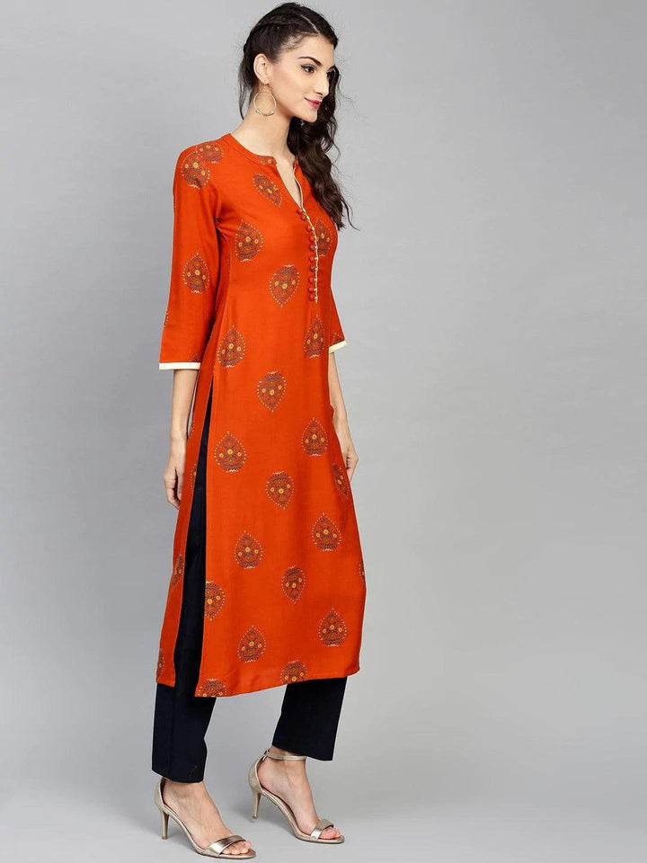 Orange Printed Rayon Kurta - ShopLibas