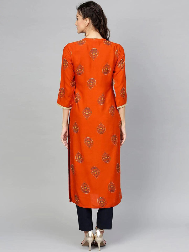 Orange Printed Rayon Kurta - ShopLibas