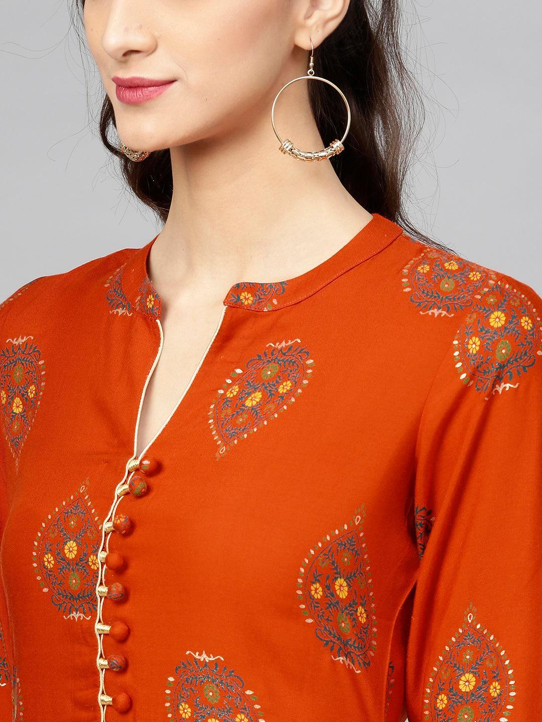 Orange Printed Rayon Kurta - ShopLibas