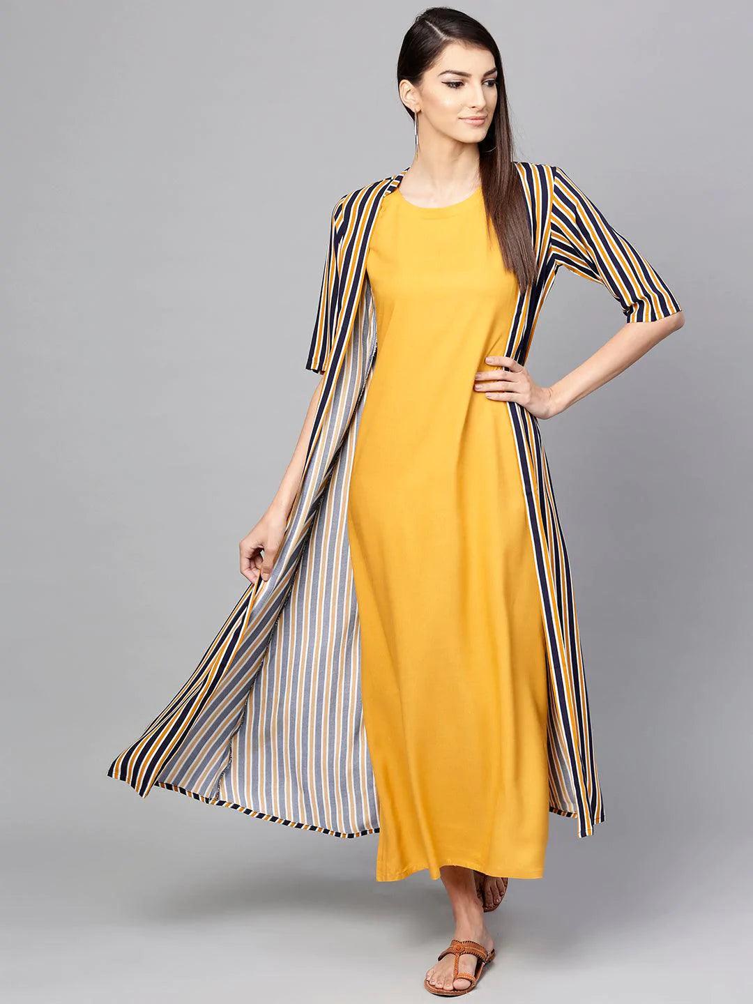 Yellow Striped Rayon Dress With Jacket - ShopLibas