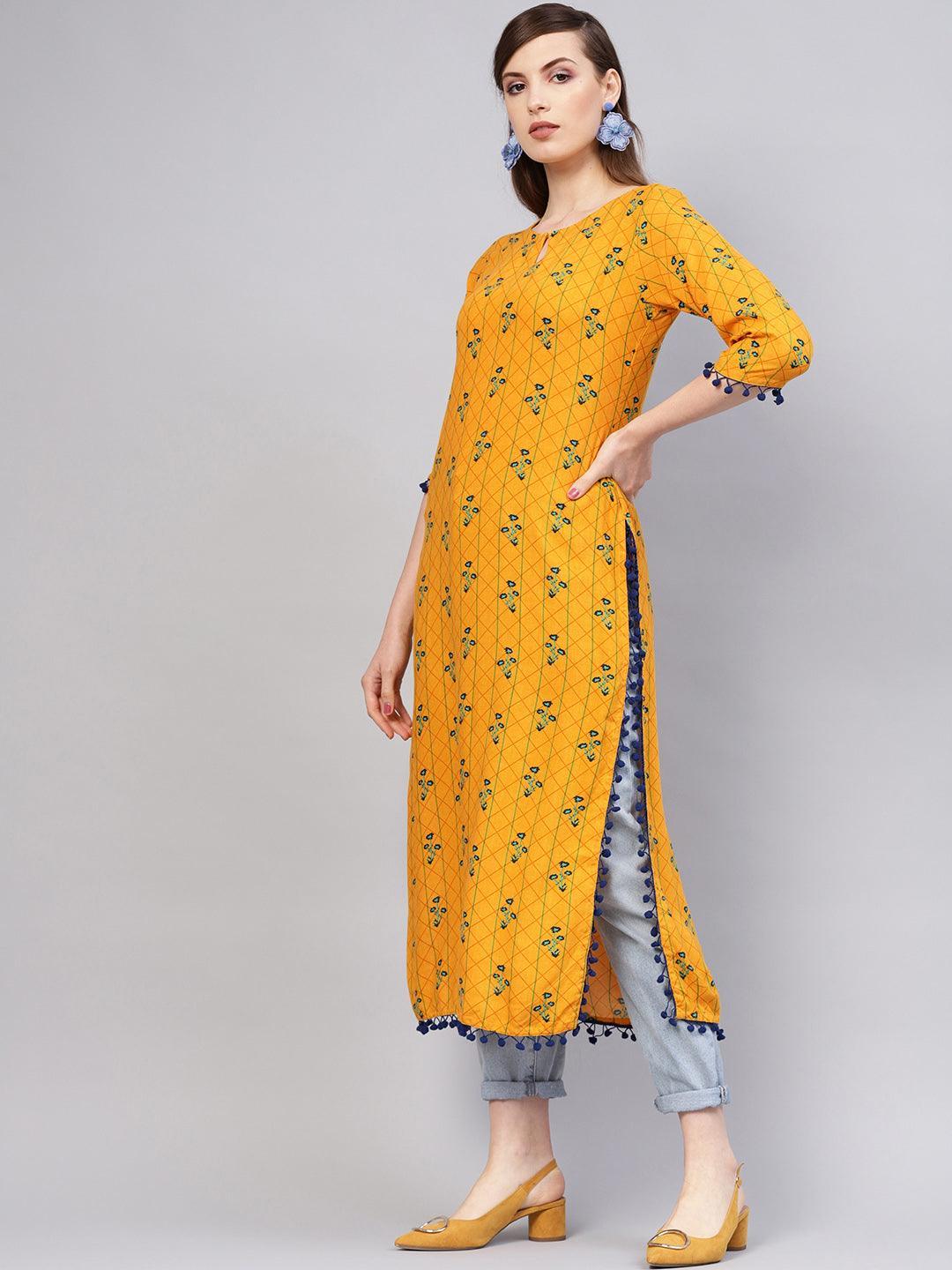 Yellow Printed Rayon Kurta - ShopLibas