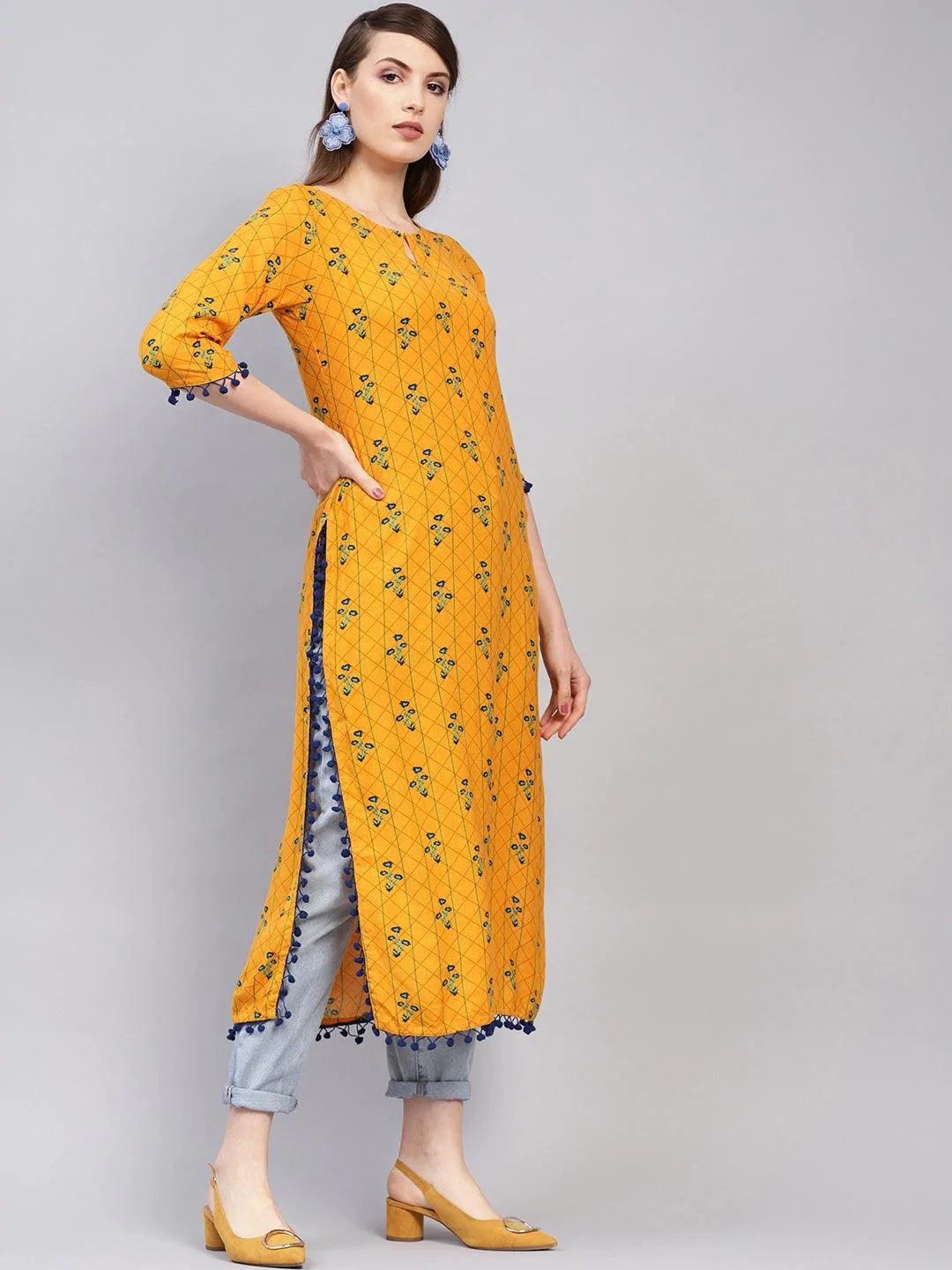 Yellow Printed Rayon Kurta - ShopLibas