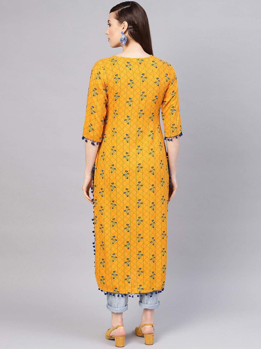 Yellow Printed Rayon Kurta - ShopLibas