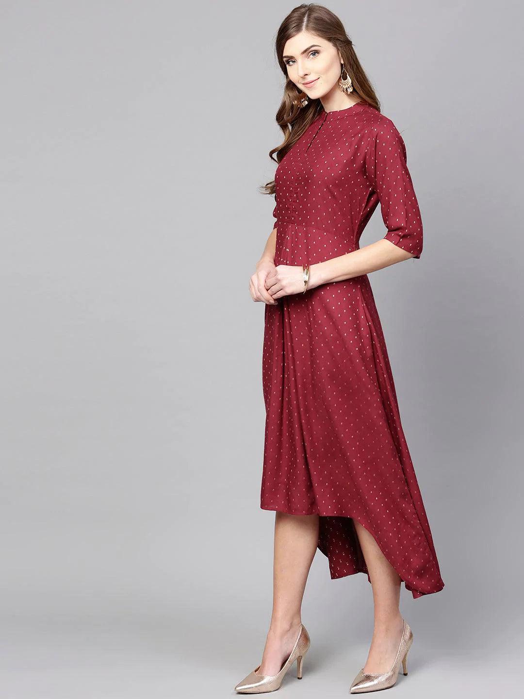 Maroon Printed Rayon Dress