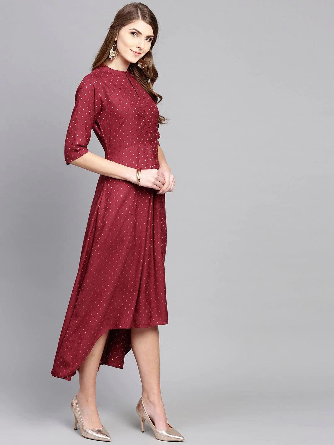 Maroon Printed Rayon Dress