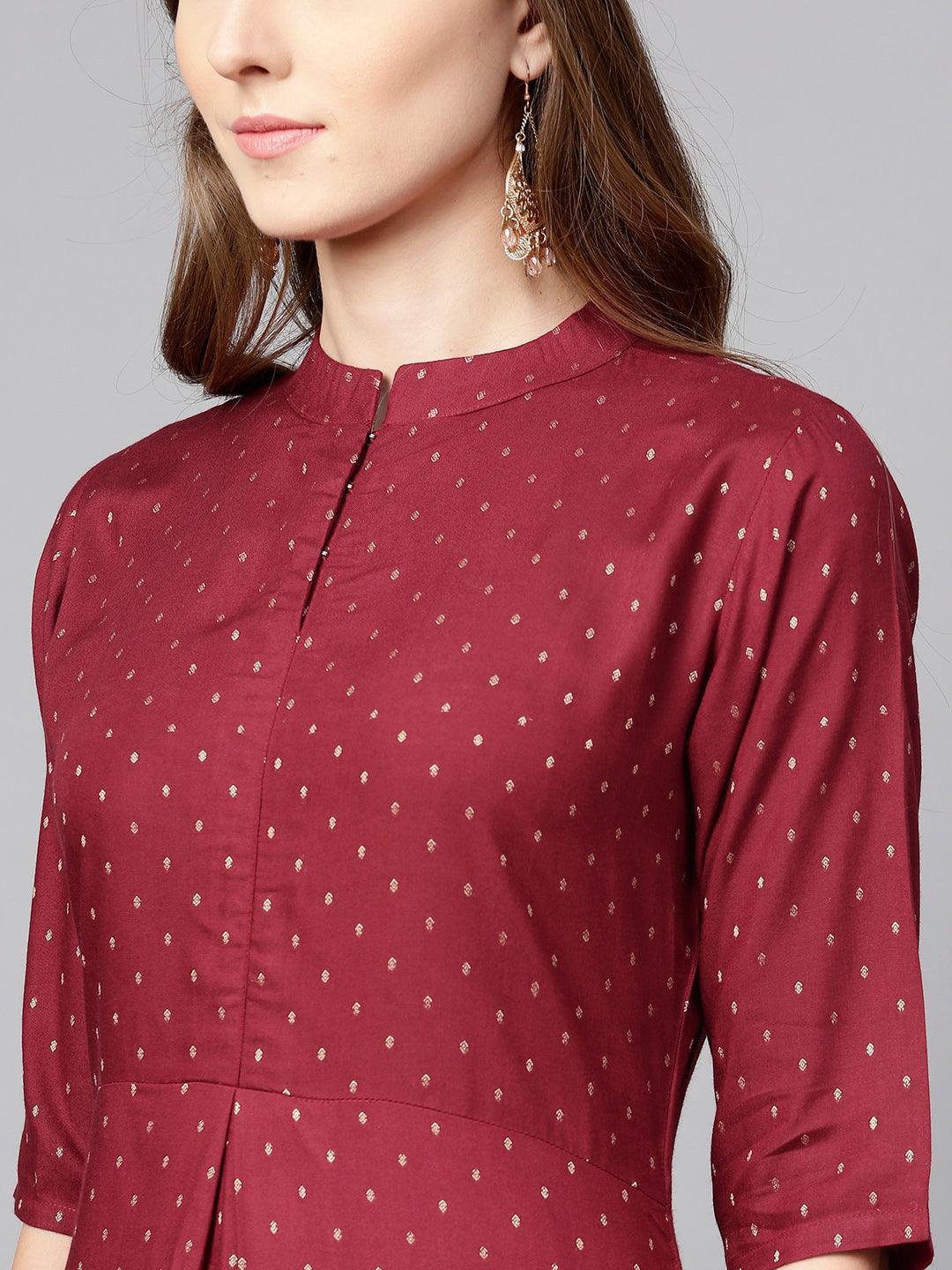 Maroon Printed Rayon Dress