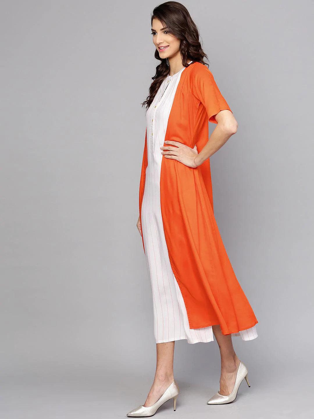 White Striped Rayon Dress With Jacket - ShopLibas