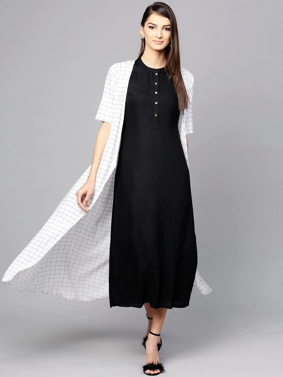 Black Solid Rayon Dress With Shrug